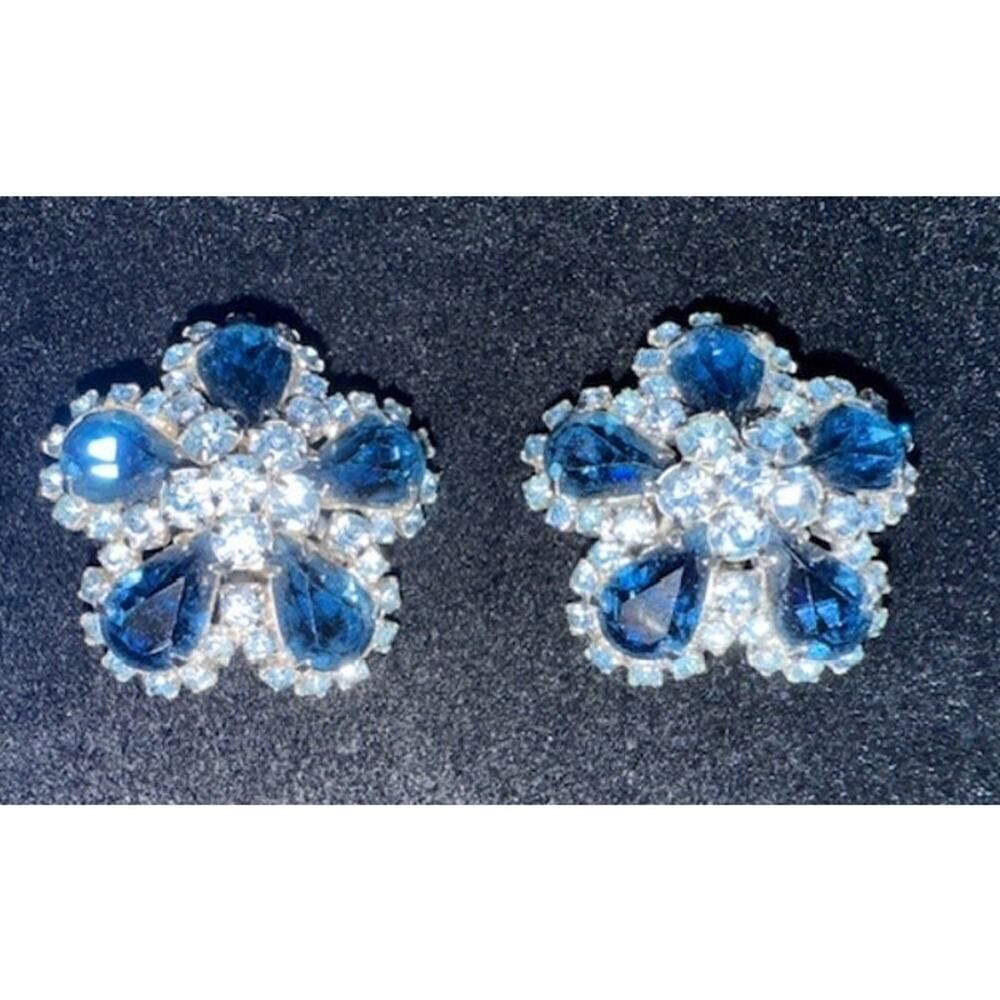 Weiss Blue Rhinestone Tear Drop Flower Earrings Clip On 1.25"